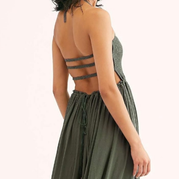 Army Green Summer Maxi Dress Tiered Full Flowy Bohemian Beach Vacation New - Picture 7 of 14